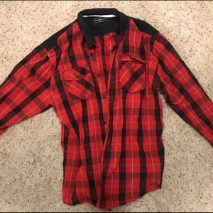 Red/black plaid button down with black color block